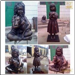 小女孩抱寵物銅雕塑 